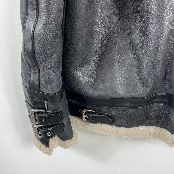 Hugo Boss Lambskin Leather Shearling Buckle Strap Coat Size Large NWT Dark Grey - Picture 8 of 13
